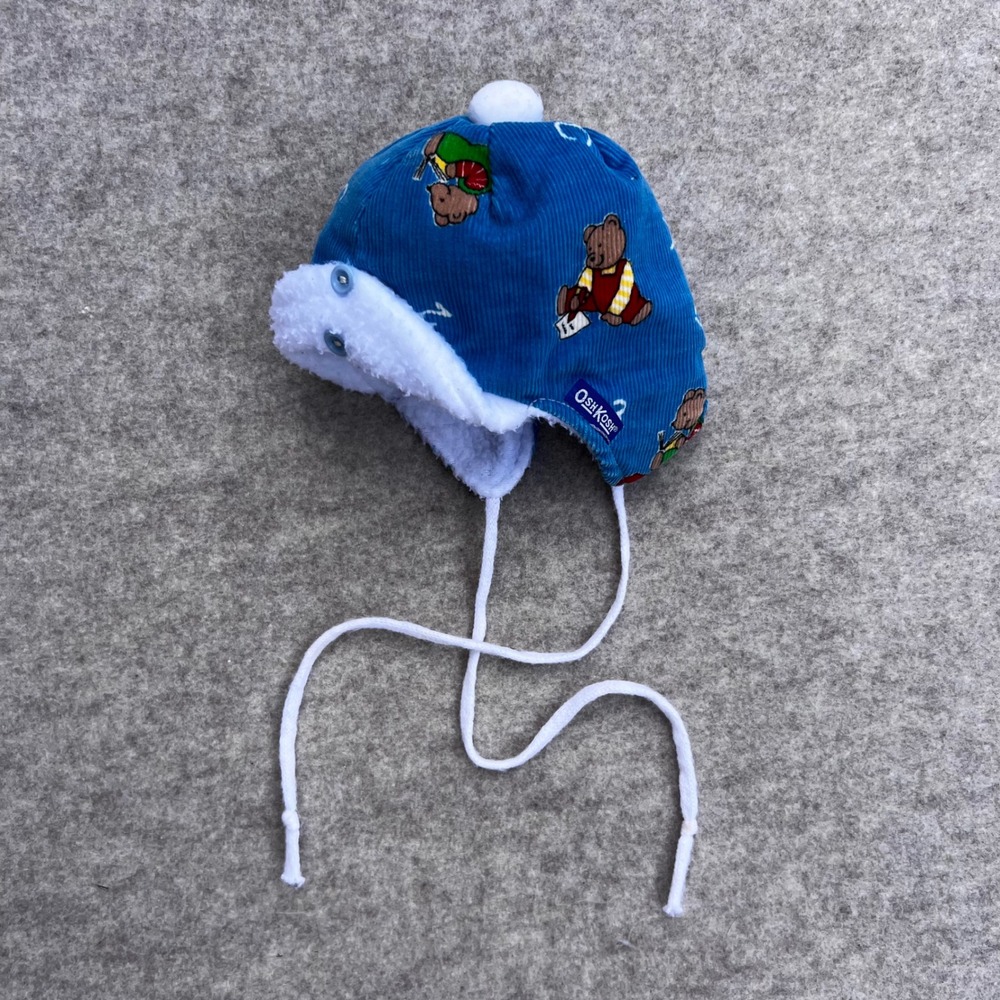 OshKosh VTG Trapper Hat Newborn Baby Blue Corduroy Good Bear ABC 123 Fleece